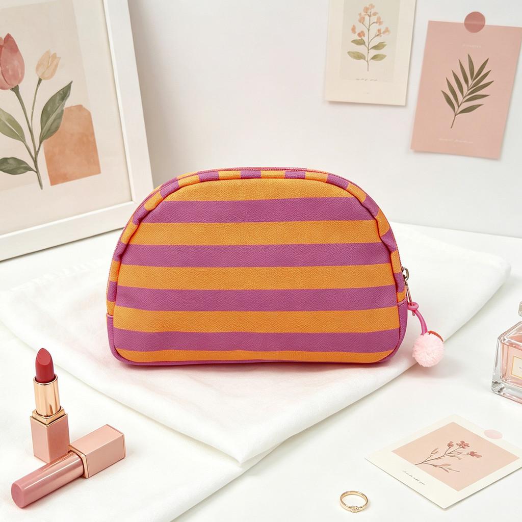 Canvas Striped Half Moon Makeup Bag With Zipper For Travel And Home Storage