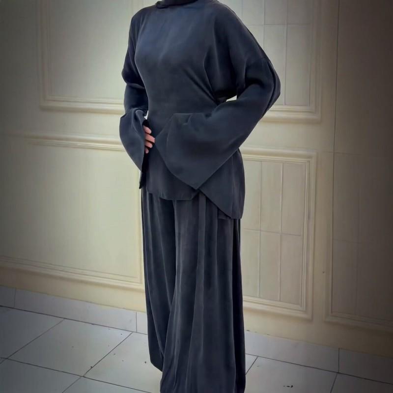 Womens 2026 Fall 2-Piece Set Long Sleeve Top With Tie Detail Slit Wide Leg Pants Casual Elegant Outfit