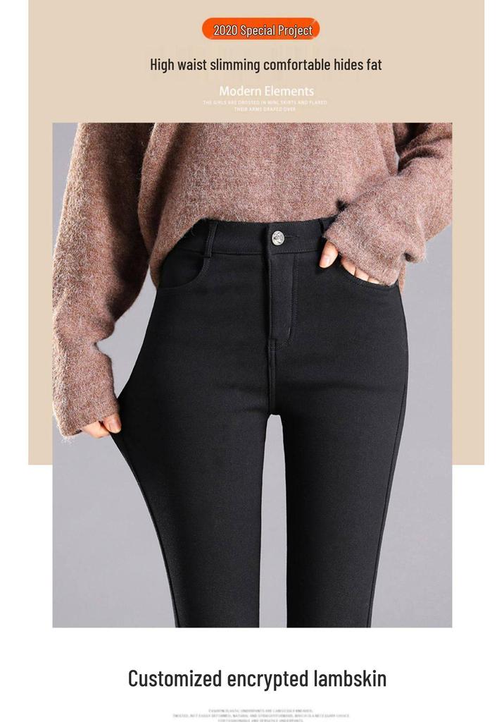 Women's Winter 2025 High-Waisted Thick Cotton Black Lambswool Pants