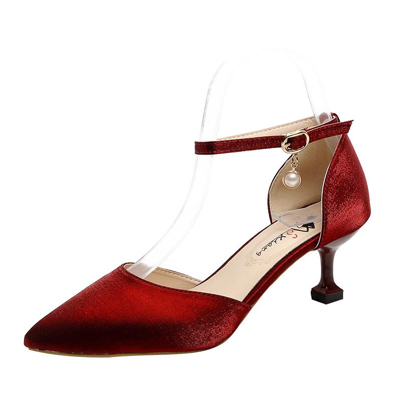 

Summer new satin pointed high heels temperament shallow mouth one word buckle fashion women s shoes stiletto single shoes 34 червоний