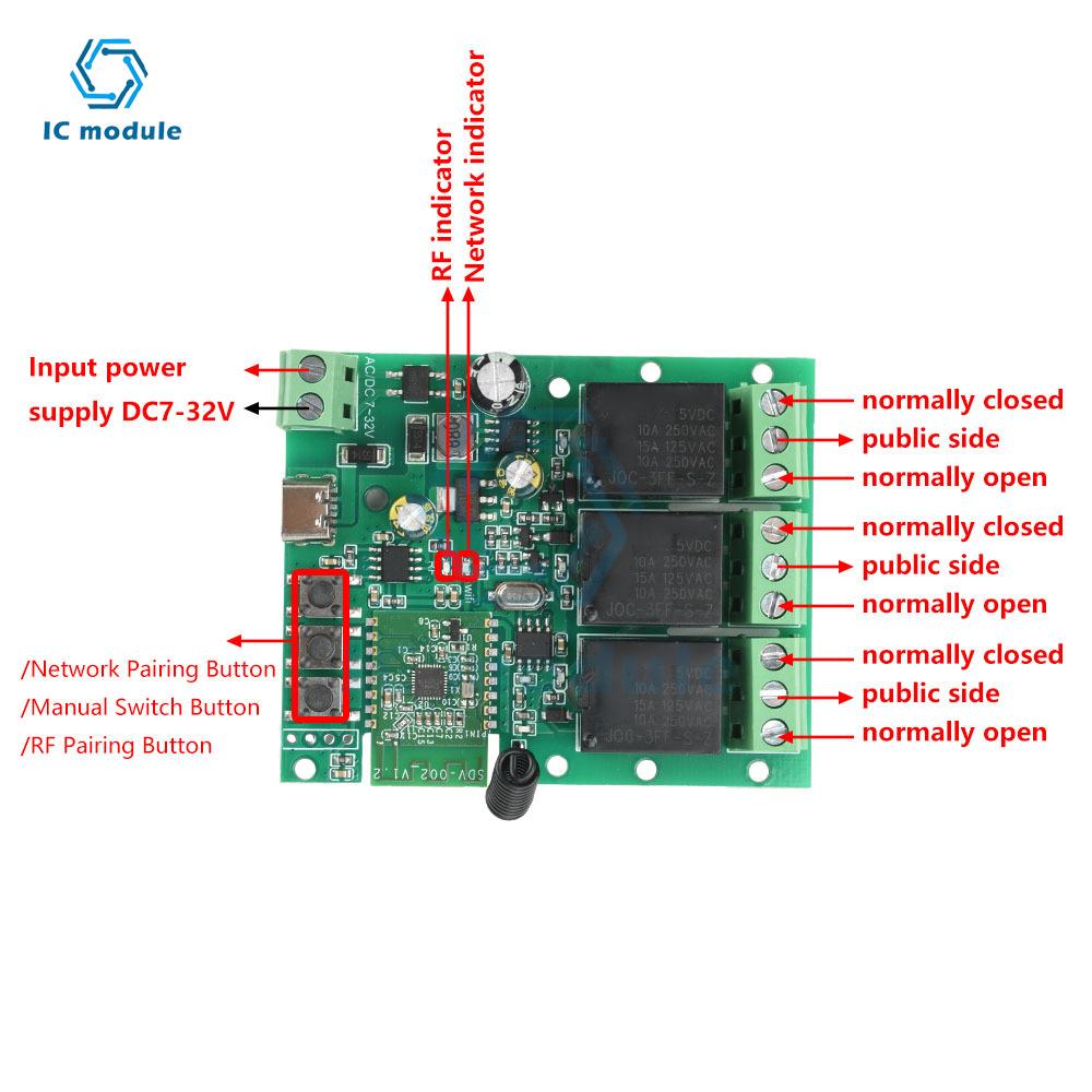 3-Kanal Smart-Relais 90-260V AC/5-32V DC WiFi Bluetooth 433MHz RF-Steuerung für IoT/Hausautomation