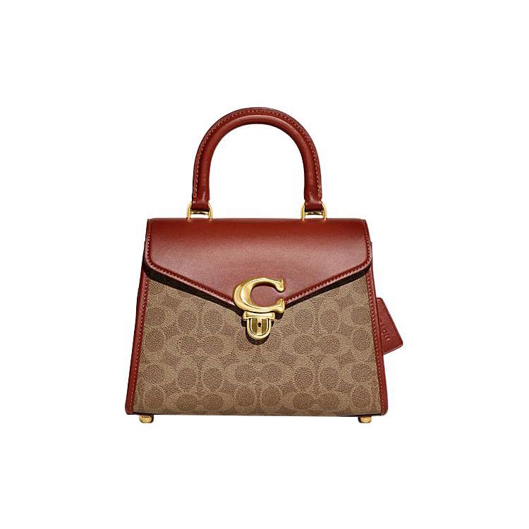 Coach Samy 24 Classic Monogram Print Push Lock Closure Leather And PVC Shoulder Bag Crossbody Bag Tote Bag Medium Women Bags Brown Red CH724-B4NQ4