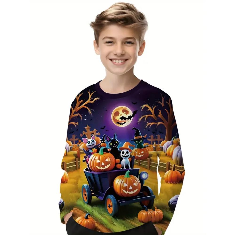 Halloween Children's 3D Digital Printed Boys' Fashionable and Comfortable Round Neck Long Sleeved T-shirt