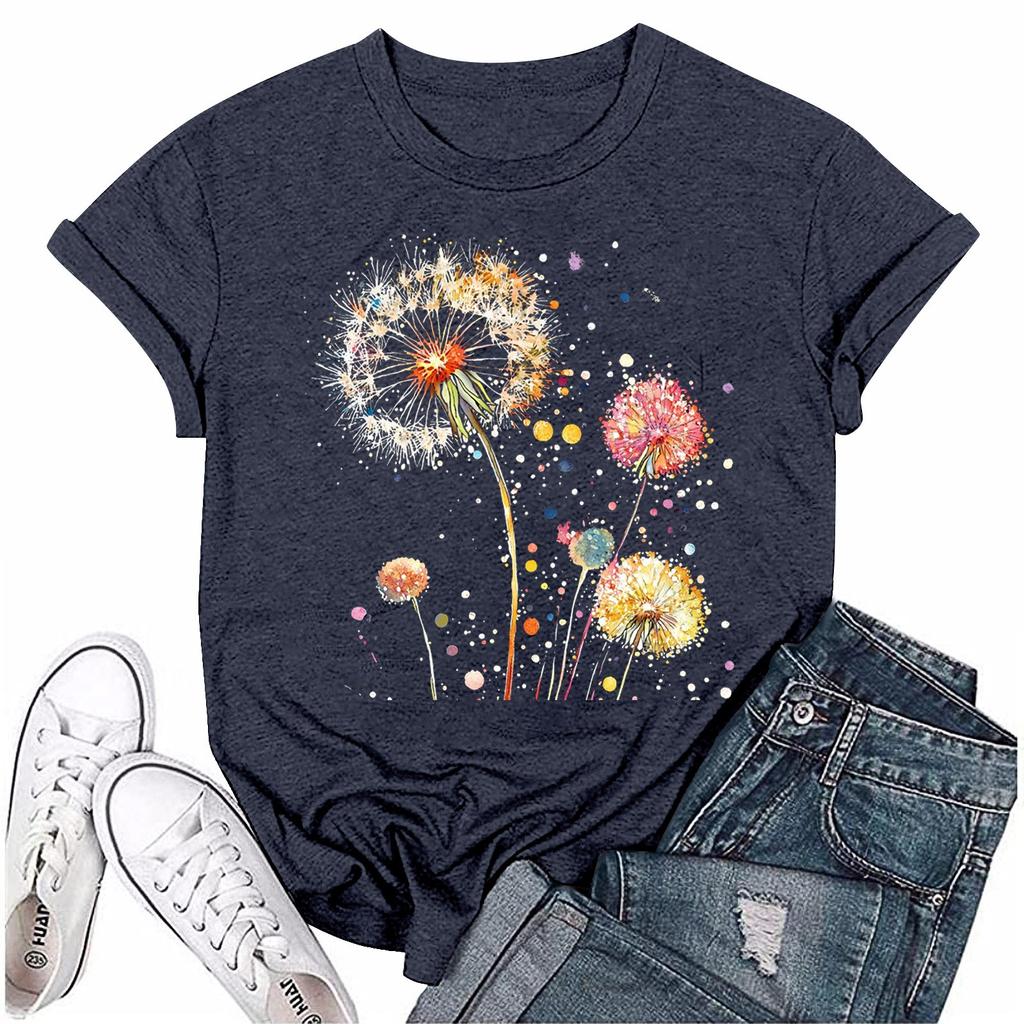 Damska modna koszulka z okrągłym dekoltem i krótkim rękawem, z nadrukiem, pulowerem