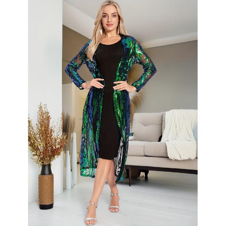 

Women s Plus Size Sequin Long Sleeve Open-Front Coat, Suitable for Proms, Banquets, and Parties, Semi-Transparent Slim-Fit Spring/Summer Evening Wear 0XL