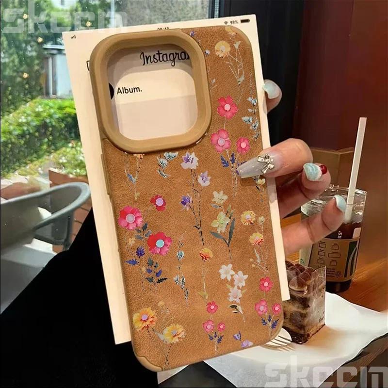 Line Flower Sunflower Bonded Leather Phone Case For iPhone 16 15 14 13 12 11 Pro XS Max XR X 15 Plus 16 Pro Max Matte Back Cover