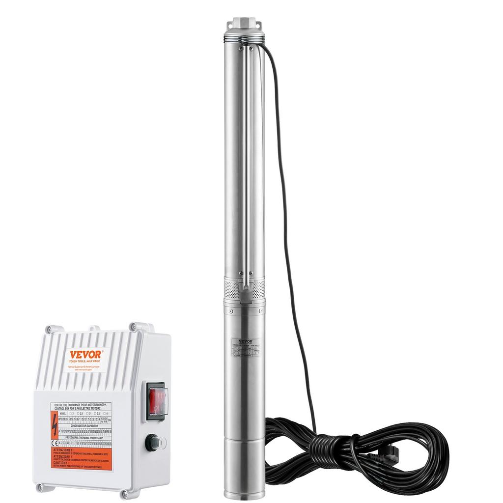 Bomba Sumergible para Pozos Profundos 1500W de Potencia 9.8 m³/h Caudal Máximo 108m Altura Máxima Bomba de Agua de Acero Inoxidable IP68 Impermeable con Caja de Control Externa para