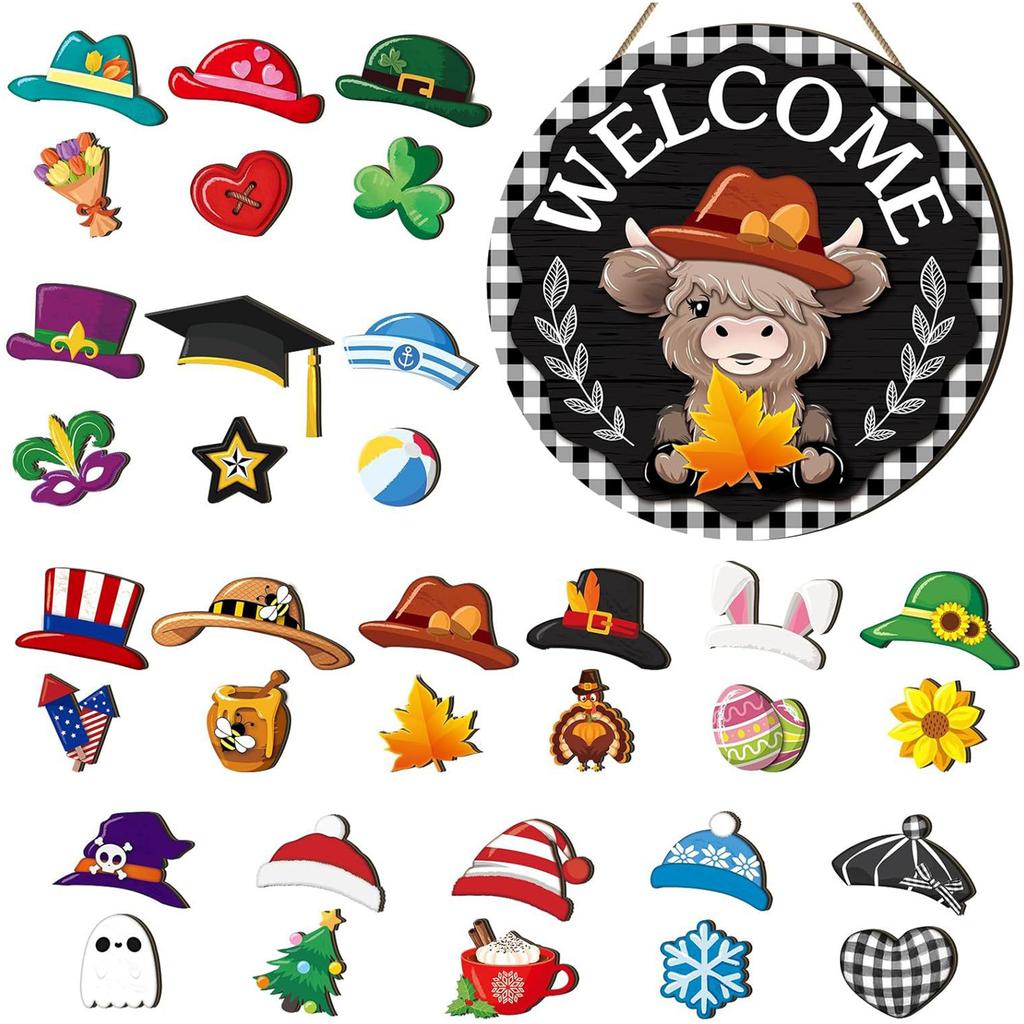 Halloween Gnome Welcome Sign with Magnetic Removable Hats DIY Gnome Door Sign Decor Multi-Purpose Creative Wood Decoration Plate
