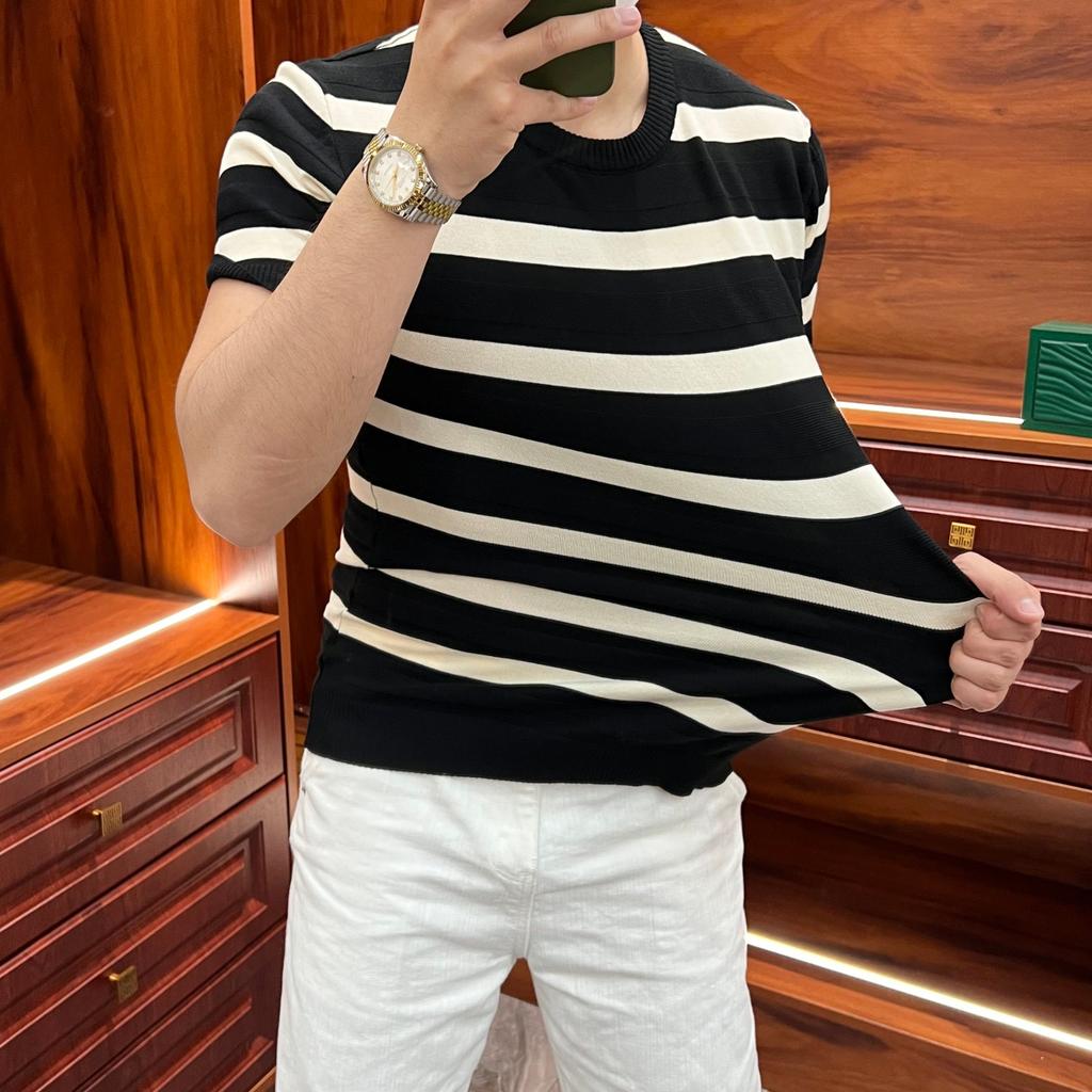 Summer Breathable Versatile Short Sleeve Slim Fit T-Shirt Casual Textured Thick Stripe Trendy Men's Knitwear