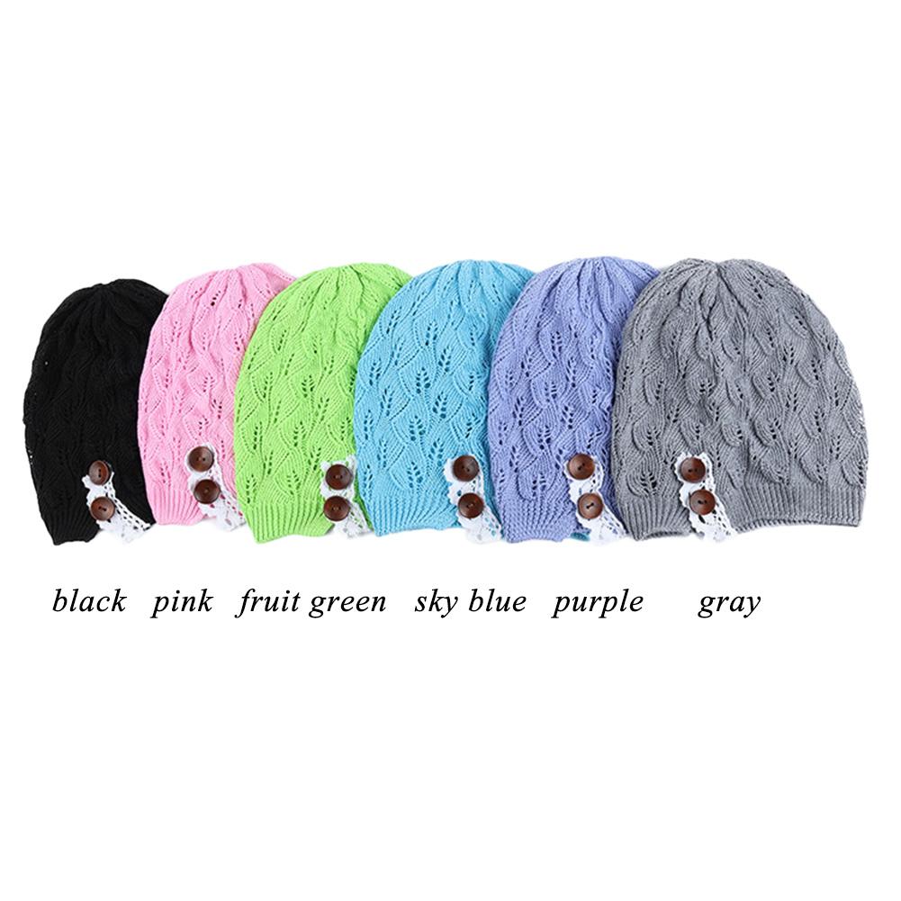 Fashion Autumn Women Knitting Beanie Skullies Hat Casual Hollow Out Leaves Lace Button Baggy Wool Cap