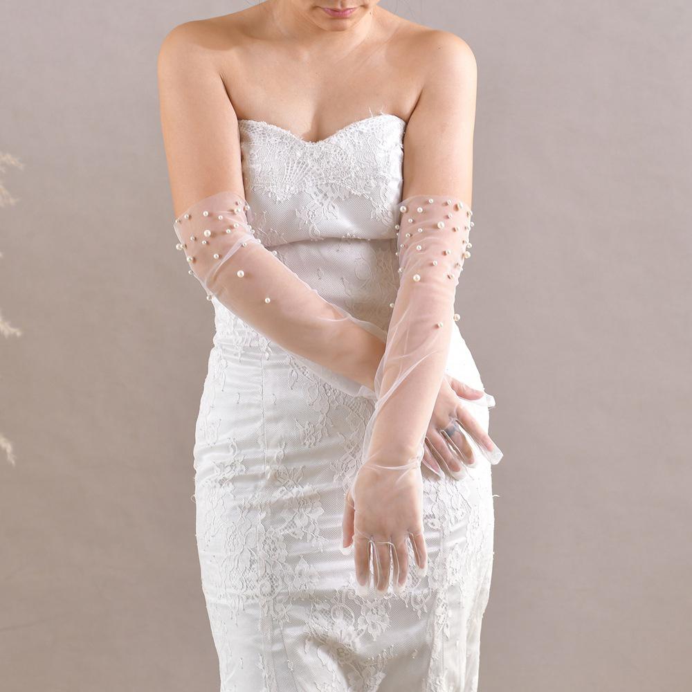 Pearl Mesh Bridal Wedding Dress Tulle Gloves Long Dinner Party Sheer Gloves Travel Pography Accessories