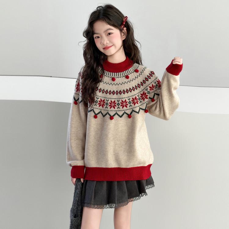 Girls' 2025 Autumn/Winter Stylish Thick Knit Sweater - Warm Fashionable Top for Big Kids
