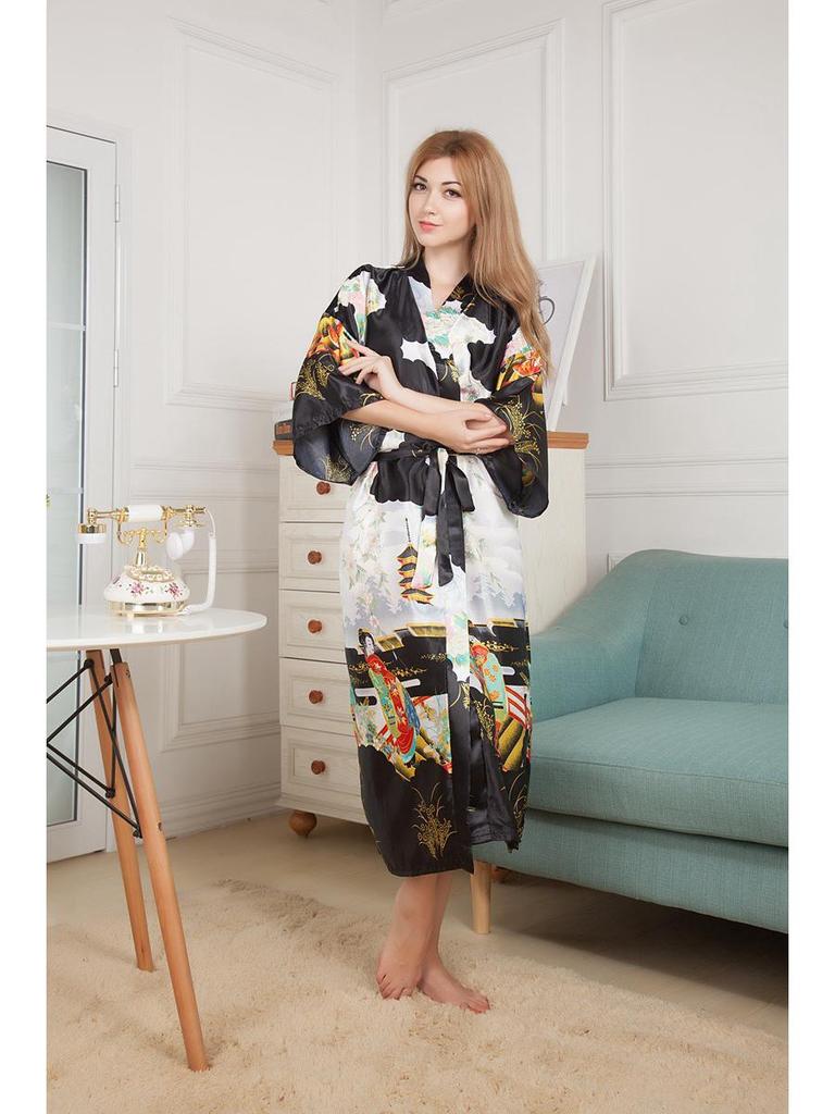 Women's Rose Red Chinese-Style Faux Silk Tang Suit Pajama Robe with Tie-Belt