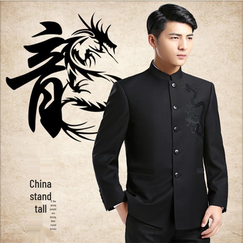 Men's Youth Slim Fit Zhongshan Suit: Stand Collar Casual Chinese Style Wedding Dress 16