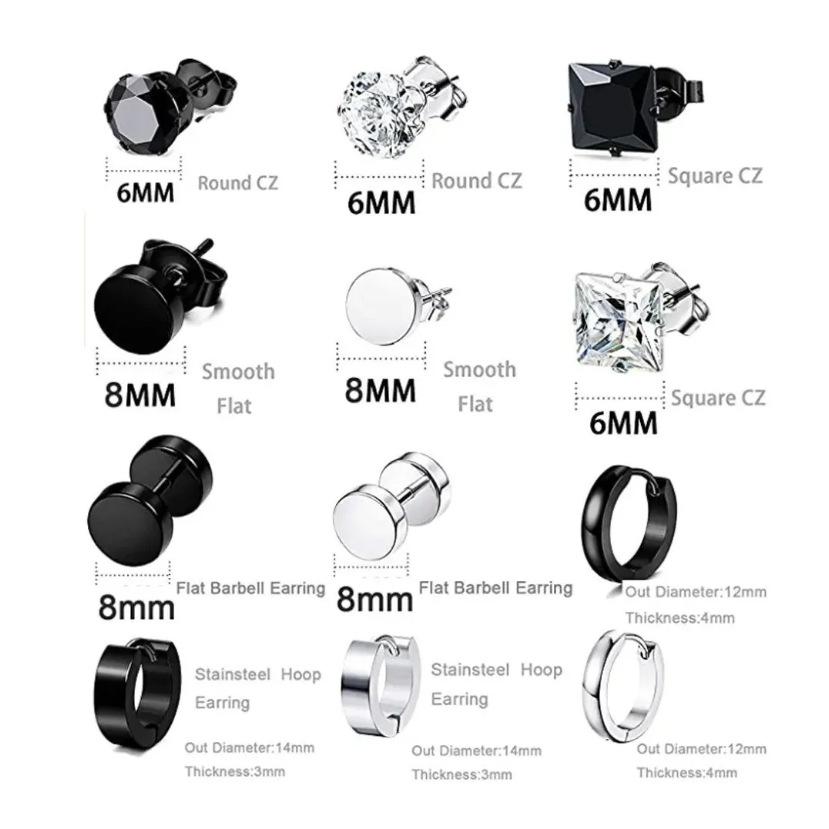 Zircon earrings, stainless steel stud earrings, cross dumbbells, silver and black mix, earring set stacked.
