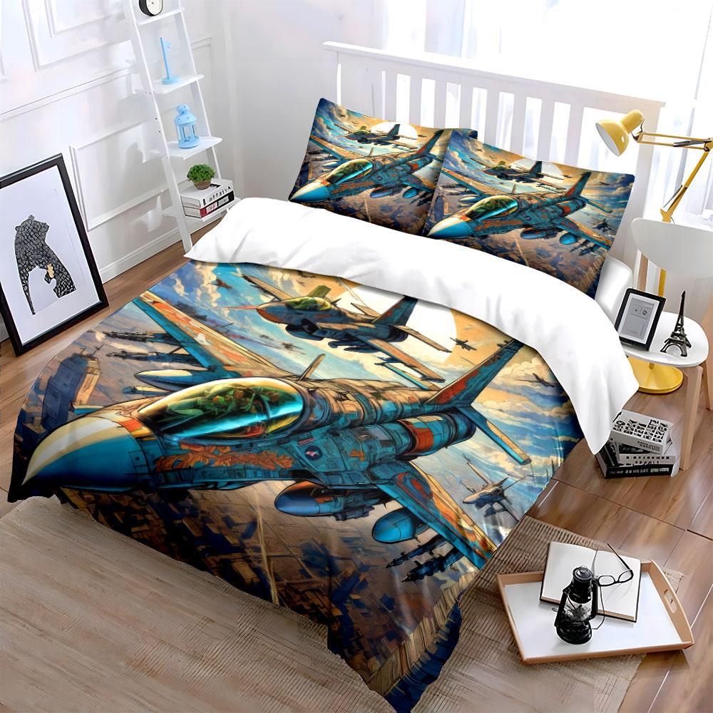 Fighter Jet Art Set Decor Bedding Set With 1 Duvet Cover 2 Pillowcases Single Double King Queen, Gift