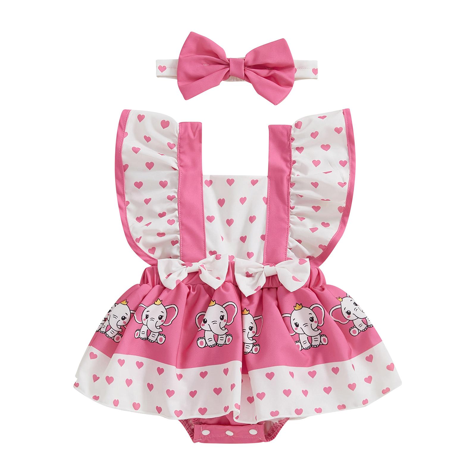 

Комбинезон для девочек, платье с принтом пчелы/божьей коровки/коровы/слона, рукава-крылышка, юбка, подол, комбинезоны, летняя одежда, боди с повязкой на голову 0-3 Months