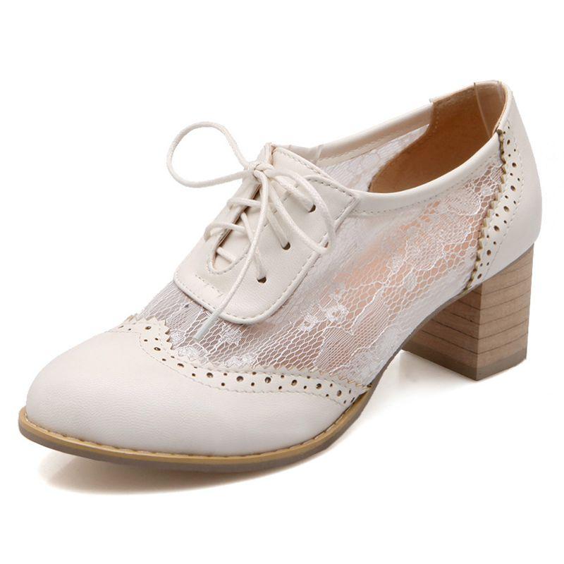 

Модные женские туфли-лодочки с круглым носком, на массивном каблуке 5,5 см, на шнуровке, из дышащей сетки, большого размера 41 42 43, мягкие повседневные броги 39 белый
