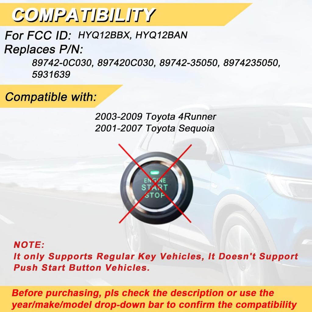 Key Fob Replacement for 1999-2009 Toyota 4Runner/ 2001-2007 Sequoia Car Keyless Entry Remote Control,HYQ12BBX HYQ12BAN,4 Buttons,2Pcs