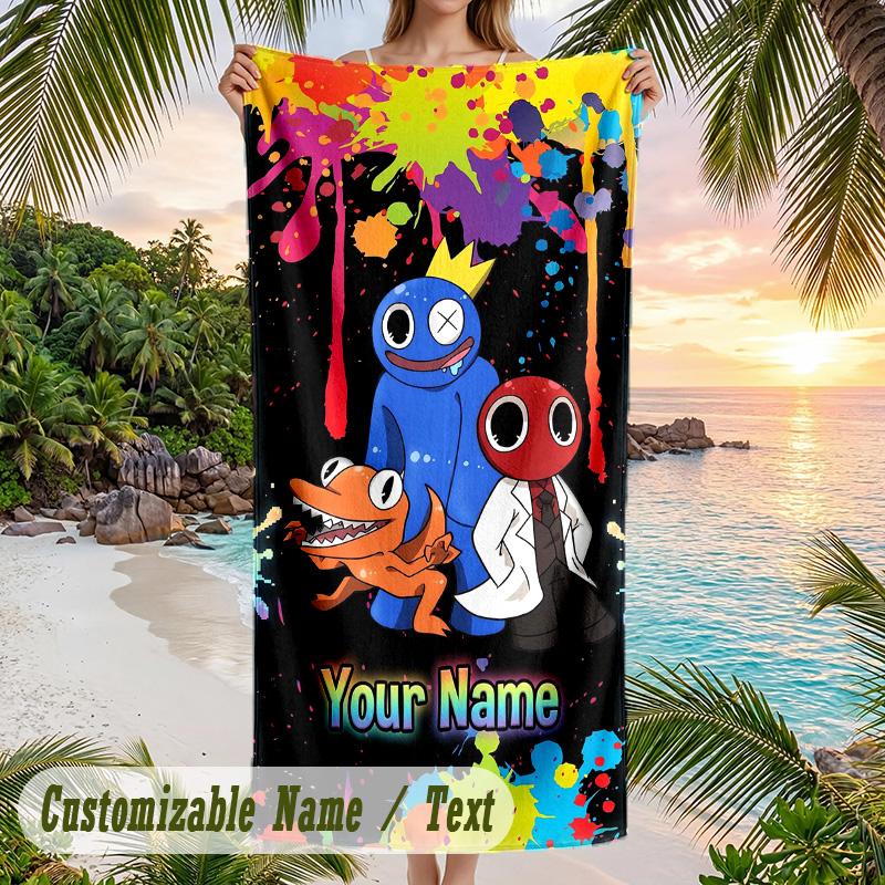 Rainbow Friends Beach Towel, Personalized Custom Text, Quick Dry Soft Large Towel For Swimming Pool Travel