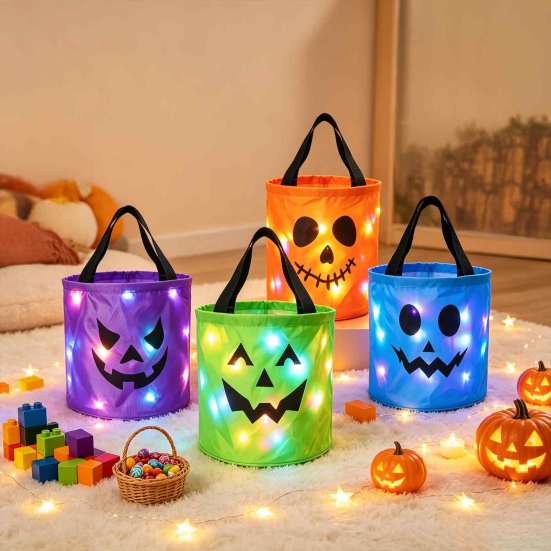 Colorful Halloween Event Supplies LED Light Up Bucket, Glow in The Dark Trick or Treat Candy Reusable Holiday Storage Buckets Bag with Handle, Lighted