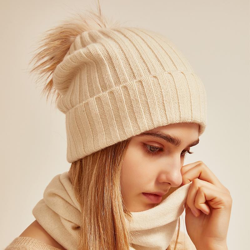 100% Cashmere Custom Women Winter Hat Luxury Cute Knit Beanie Caps With Custom logo