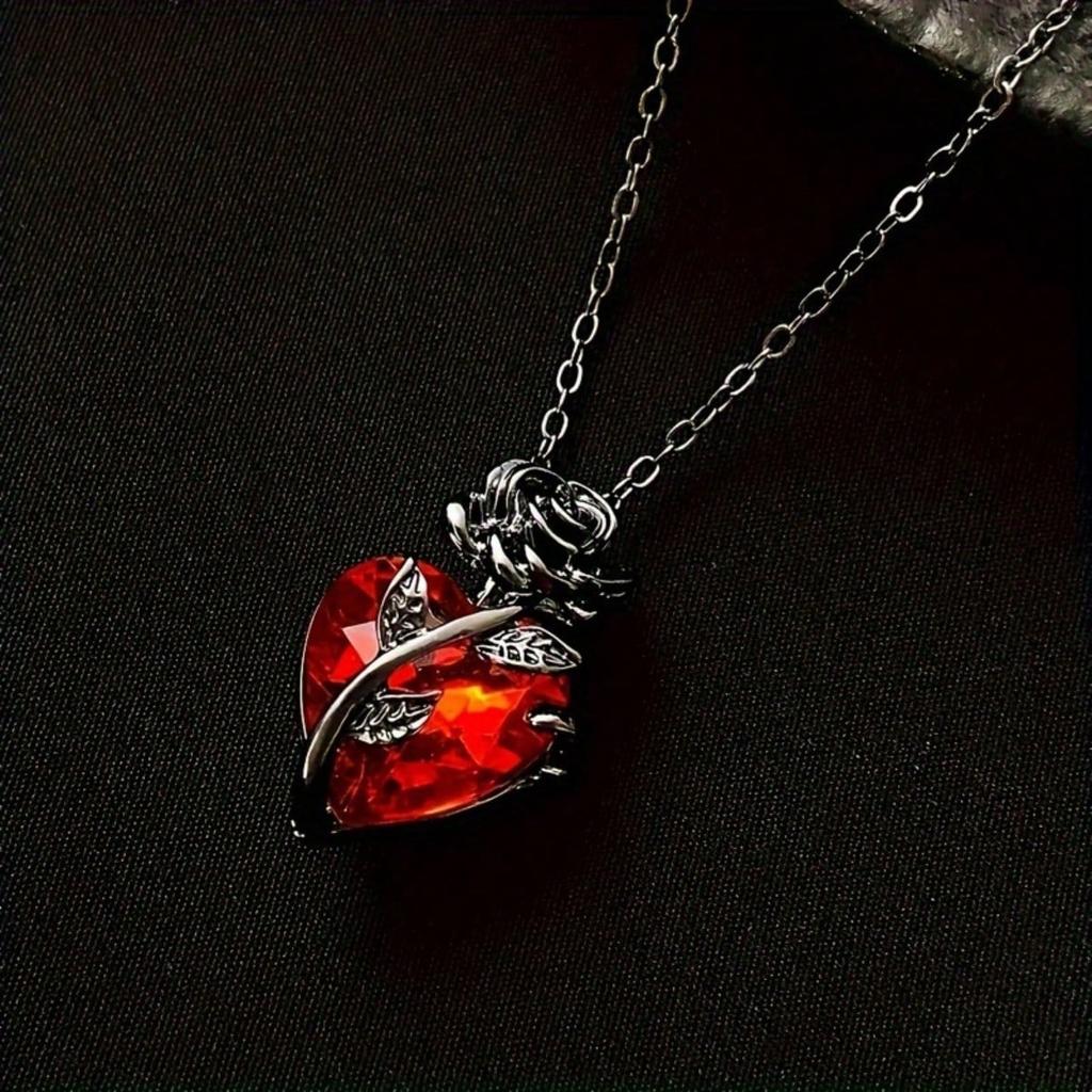 1 Gothic Y2K Red Heart and Rose Pendant Necklace, Women's Casual Fashion Jewelry, Ideal Gift