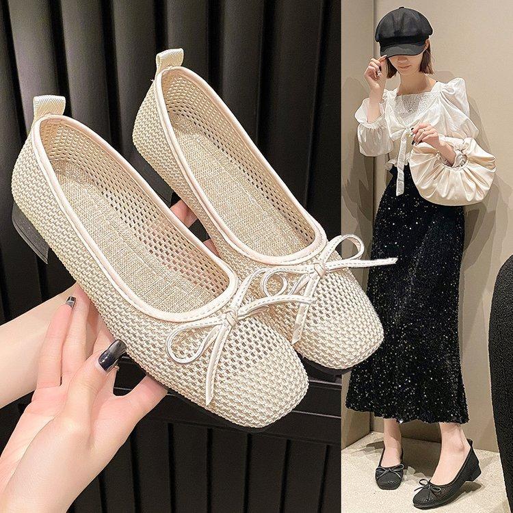 Fashion breathable hollow mesh flat bottom square head single shoes women's flat heel soft sole bow cool single shoes spring and summer