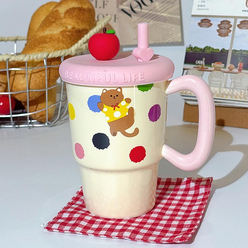 

Милая керамическая чашка для девочек с высокой ценностью, чашка-соломинка, креативная кружка с крышкой, сувенирная чашка для воды, студенческая чашка 400ML