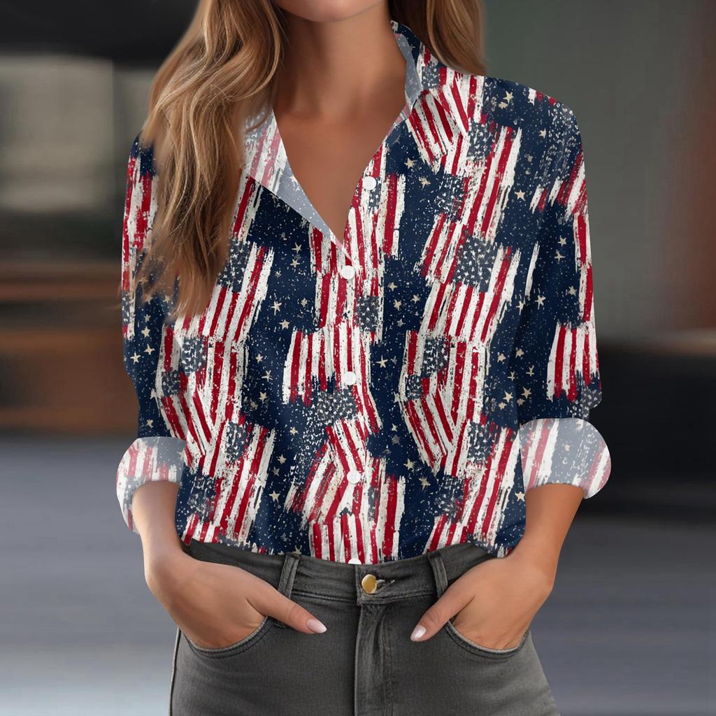 Damen-Hemdbluse, bedruckt, Knopfleiste, langärmelig, lässig, Basic, Hemdkragen, normales Oberteil