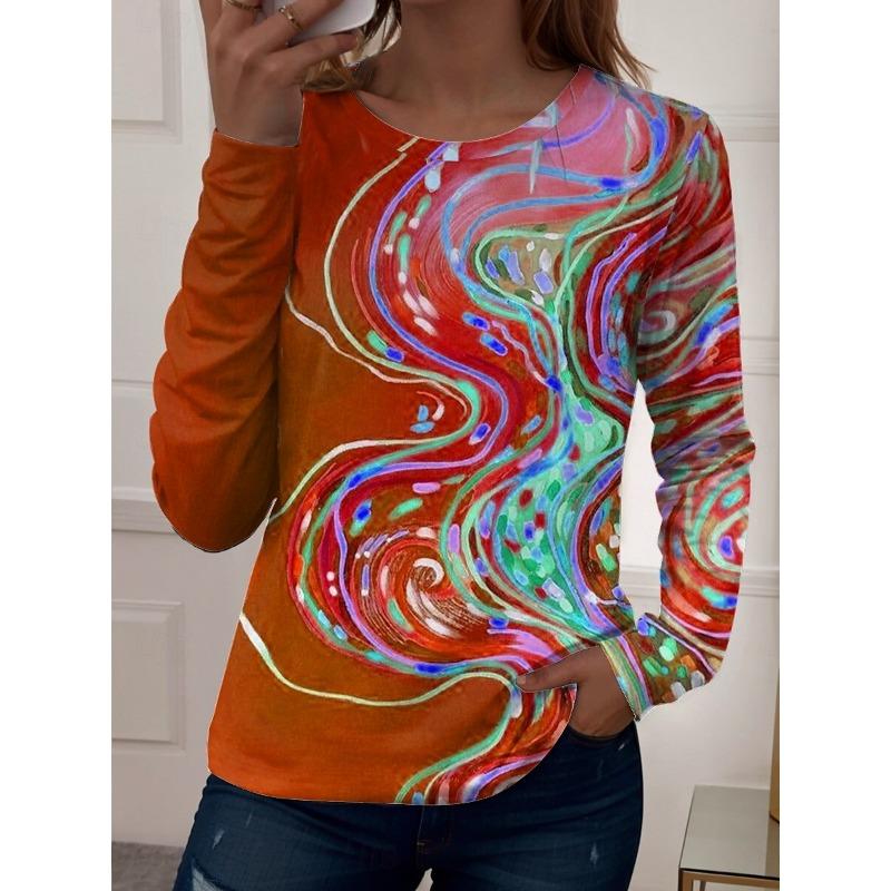 Women's T-shirt 3D Art Painting Abstract Print Fashion Long Sleeve Round Neck Regular Top Holiday Weekend Spring Autumn