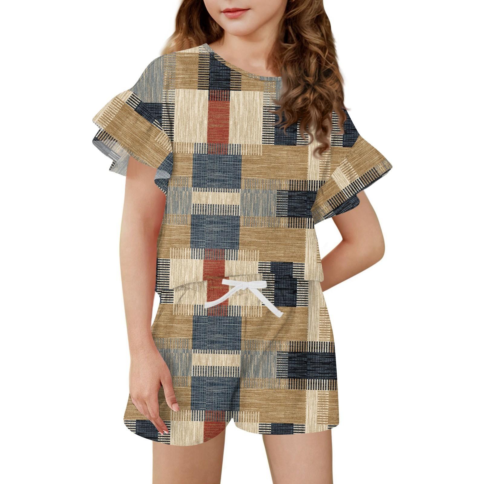 

Girls Summer Outfit Ruffle Sleeve Top And Shorts Clothing Set Lightweight Casual Two Piece 140 хаки