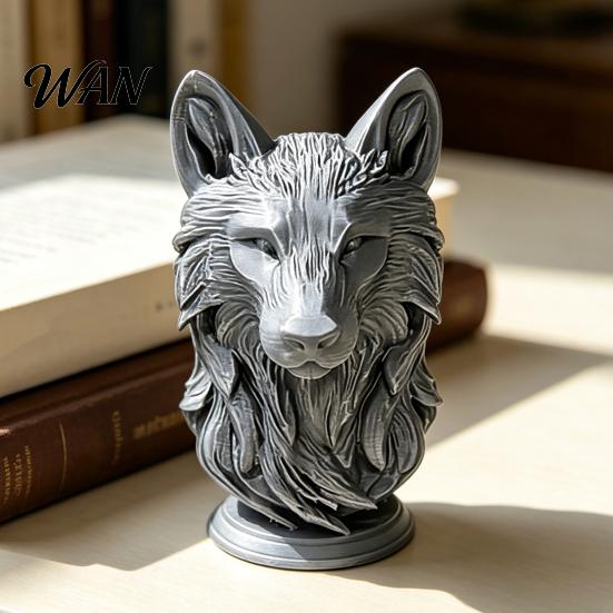 Animal Head Sculpture 3D Printed Wolf Figurine, Realistic Statue with Round Desktop Ornament Base, Wild for Home Office Bookshelf Decor PLA Figurine