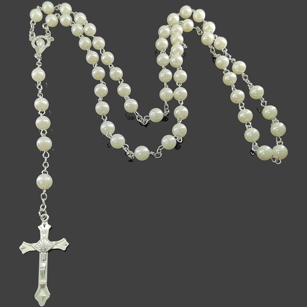Imitation Pearl Religious Jewelry Set Sweater Chain Long Cross Pendant Necklace Devotional Vintage Style Christian Bracelet
