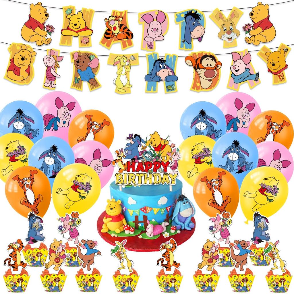 Winnie the Pooh Birthday Decorations Party Set, Disney Character, Cute Yellow and Gold Balloons, Happy Birthday Cake Toppers, 30-Piece Set, for Girls