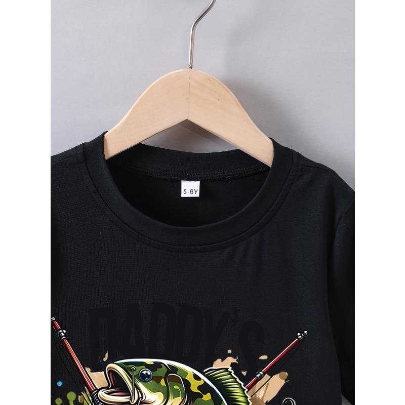 European sizes Boys' Summer Short Sleeve "Dad's Fishing Buddy" Fishing Print T-Shirt