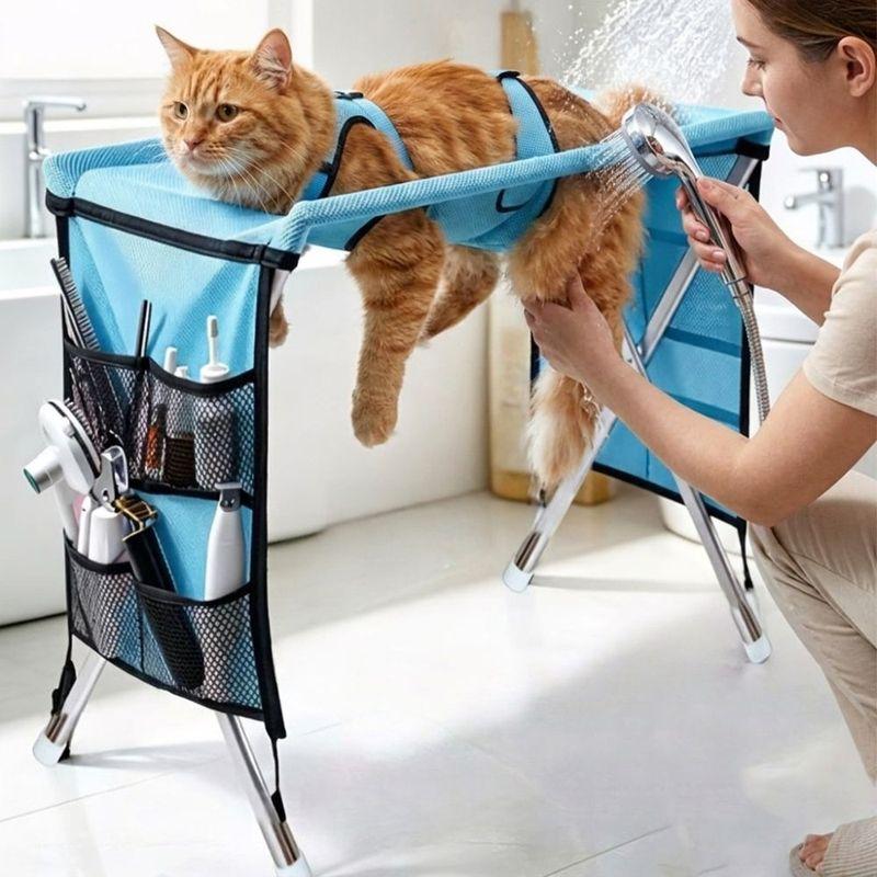 Folding Pet Grooming Hammock Anti-Scratch with Support Frame Pet Washing Station Sturdy Detachable Dog Grooming Table