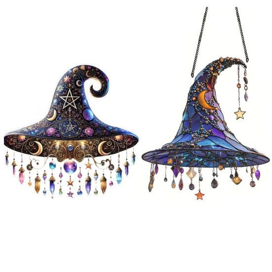 2Pcs Halloween Sun Catcher 2D Acrylic Witch Hat Hanging Ornament