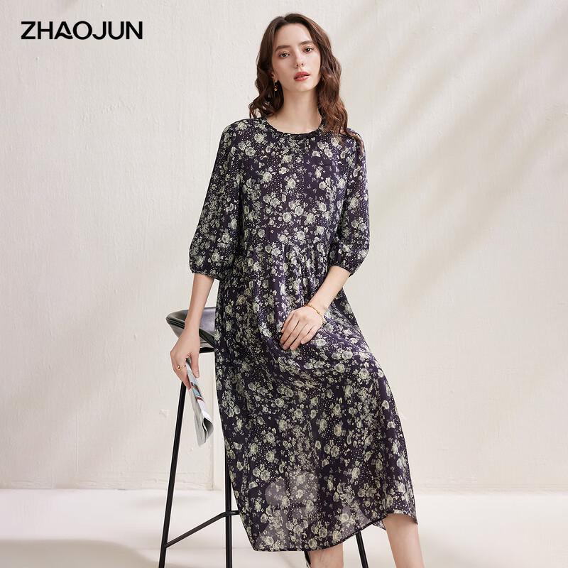 Zhaojun Silk Printed Seven-Sleeve Elegant Dress L