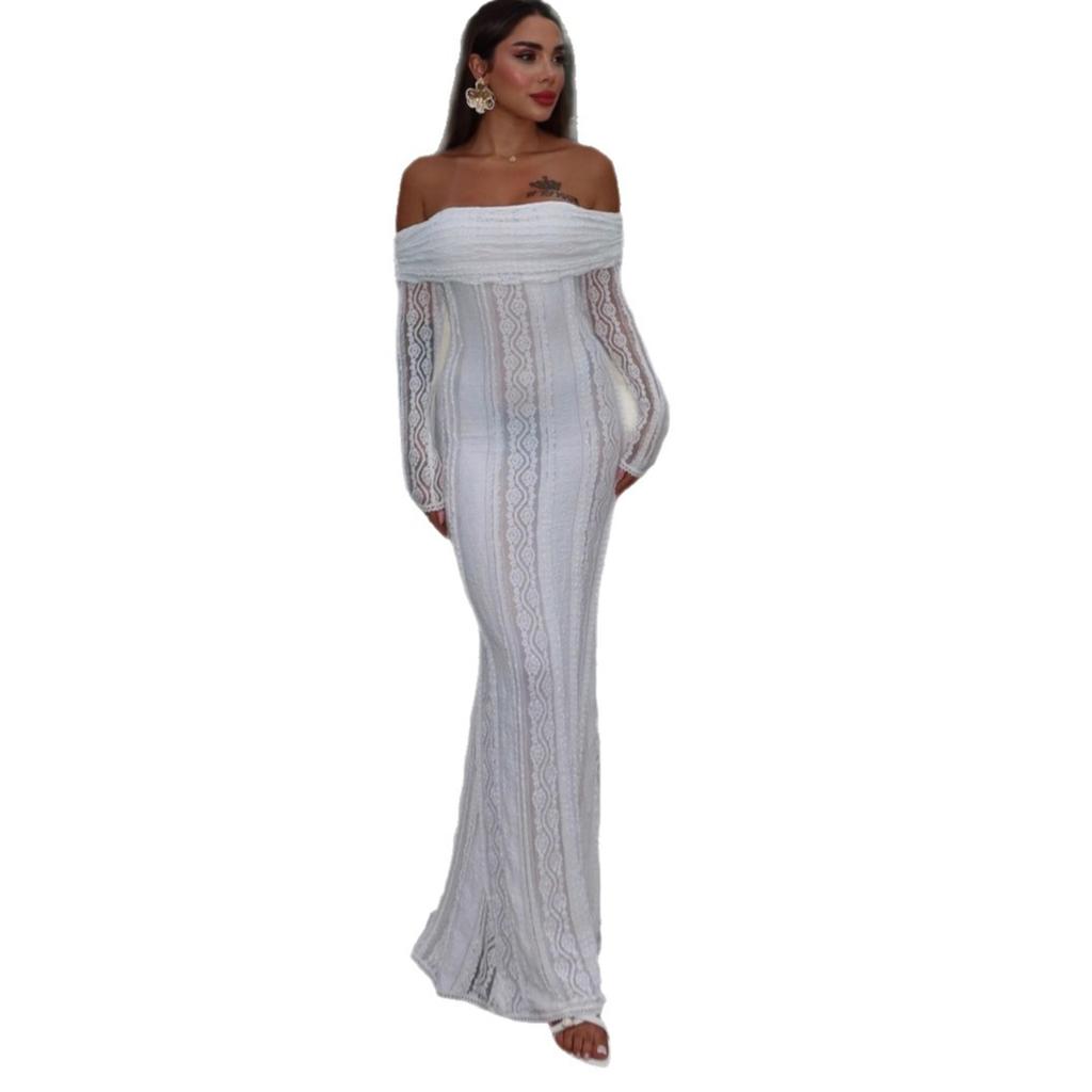 Women's New Sexy One-word Shoulder Dress Fashionable Slim-fit Lace Hollow Long-sleeved Autumn and Winter Hip Skirt Women