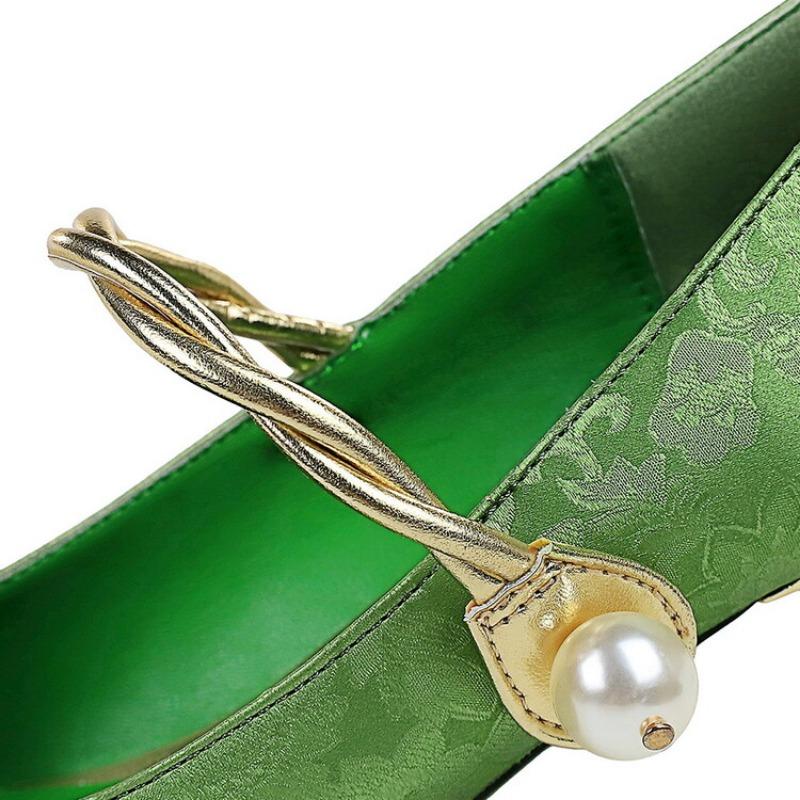 Fashion Retro Style Metal Mid Heel Splicingd Color Matching Single Shoe Temperament Mary Jane Pearl Chain Banquet Commuter Women Shoes