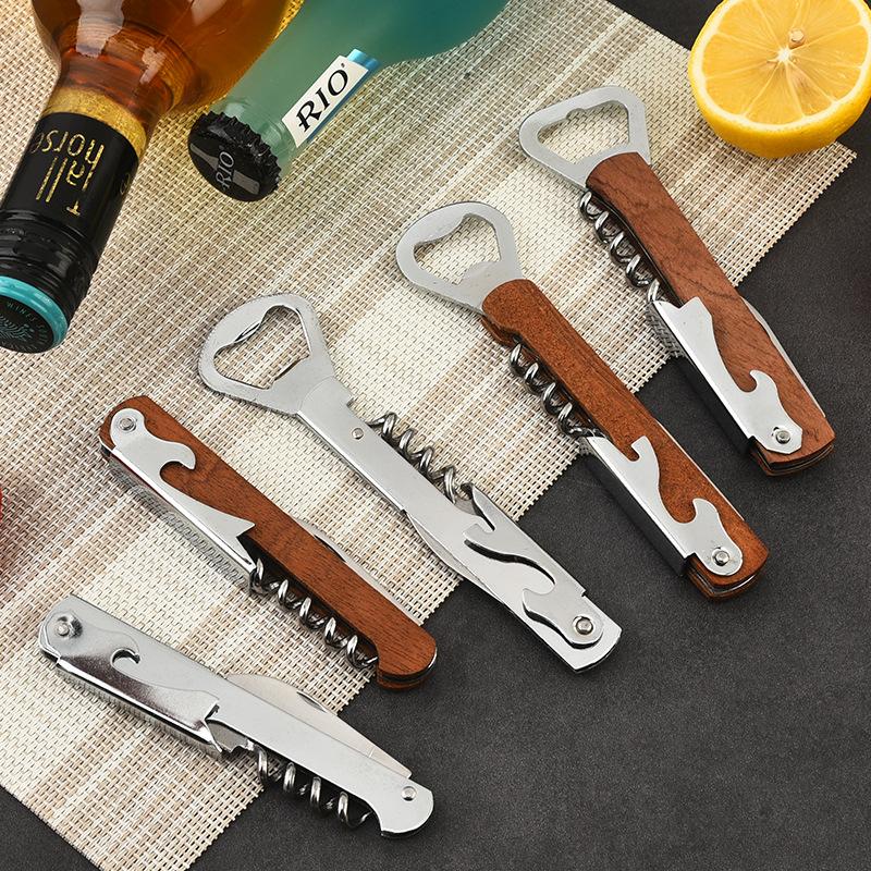 Herramienta Plegable Portátil de Madera y Acero Inoxidable Cuchillo Sacacorchos Abrebotellas de Vino Tinto Herramienta Multifuncional para Exteriores Accesorios de Bar