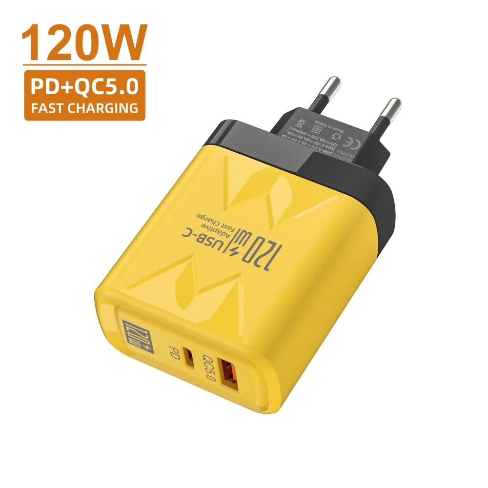 

Сверхбыстрая зарядка 120 Вт GaN USB Type-C Зарядное устройство для телефона Двойные порты 3.0 Сетевой адаптер Вилка ЕС США Для Samsung iPhone 16 Xiaomi yellow eu