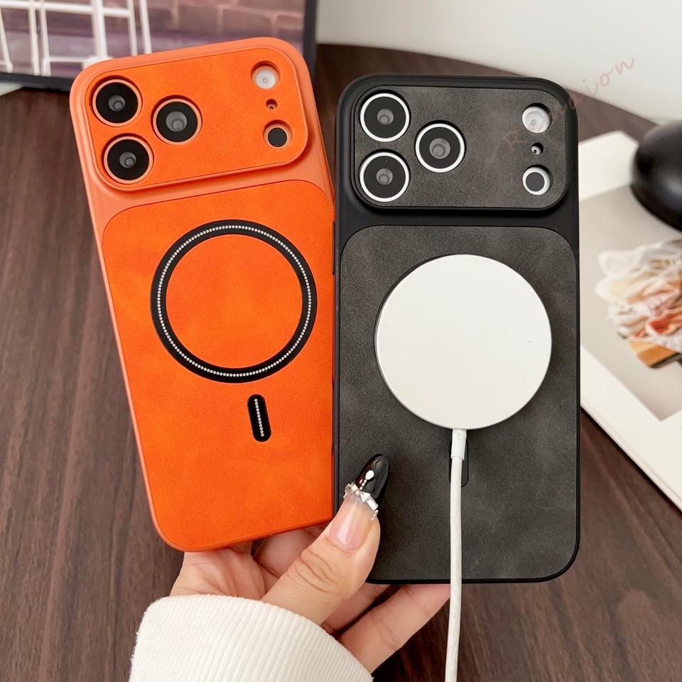 Magnetic Leather Phone Case For For Iphone 17 13 14 1 16 Pro Max Air 17Pro Big Windows Wireless Charging Protector Cover