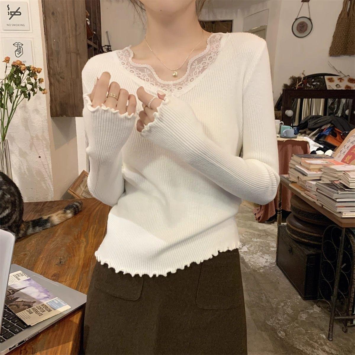 

Чистый и Привлекательный Нежный Стиль Кружевная Вставка Свитер Женский Осенне-Зимний Дизайнерский Базовый Слой Приталенный Теплый Внутренний Топ 2XL
