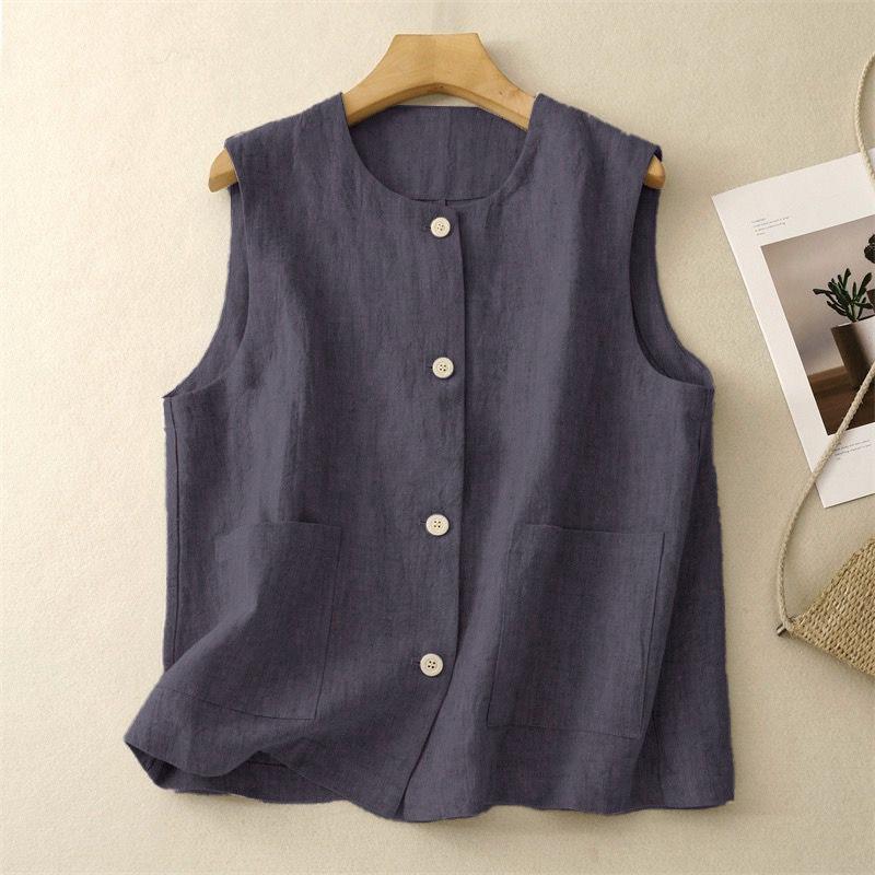Womens Linen Cotton Sleeveless Vest Casual Button Up Waistcoat With Pockets