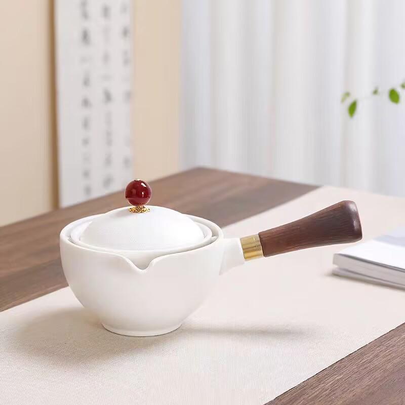 Compact Travel Tea Set with Automatic Rotating Teapot and Side Handle Kung Fu Cups
