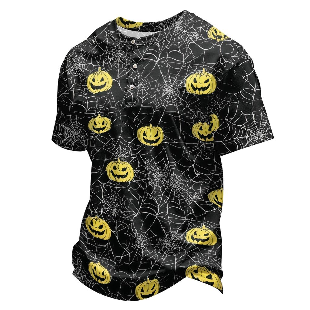 Men's Halloween Print Crew Neck Short Sleeve Top with Pumpkin and Web Pattern Casual Fit T Shirt for Daily Wear