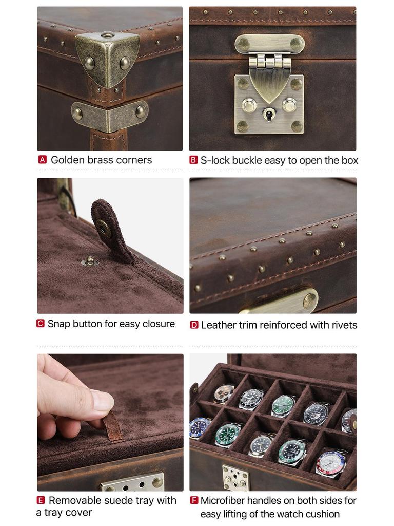 Handmade Retro Crazy Horse Leather Watch Display & Collection Box - Ten-Slot Drop-Proof Design