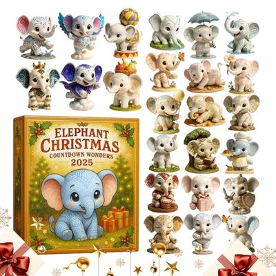 Elephant Advent Calendar 2025, 2D Acrylic Christmas Countdown with 24 Ornaments for Animal Lover Home, Holiday Party Celebration